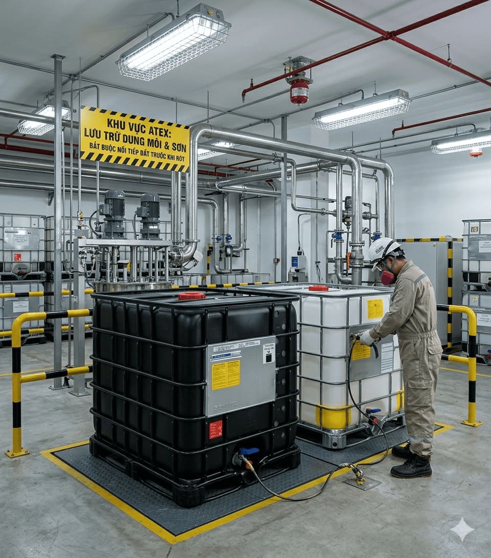 Tank IBC Trong Nhà Máy Sơn — Yêu Cầu ATEX, An Toàn Cháy Nổ & Quy Trình Vận Hành